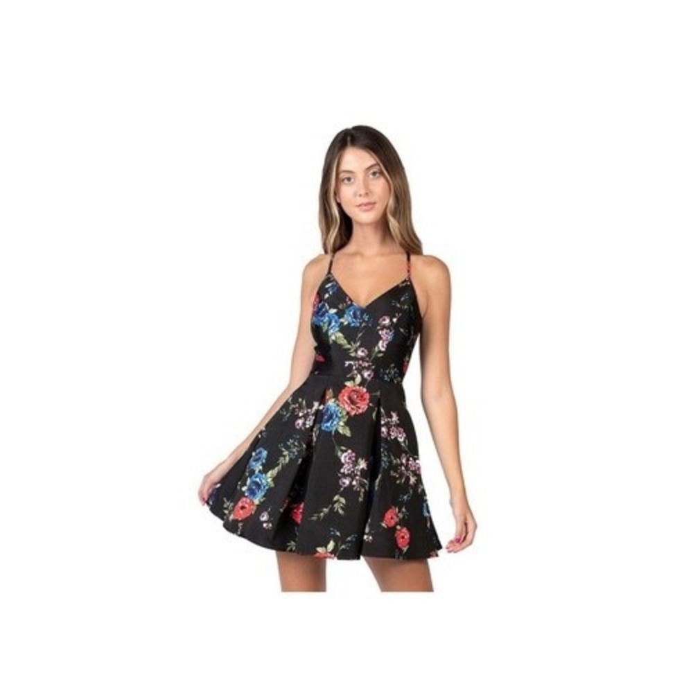 B. Smart Jrs. Black Floral Lace Back Fit Flare Dress Pockets Size 9